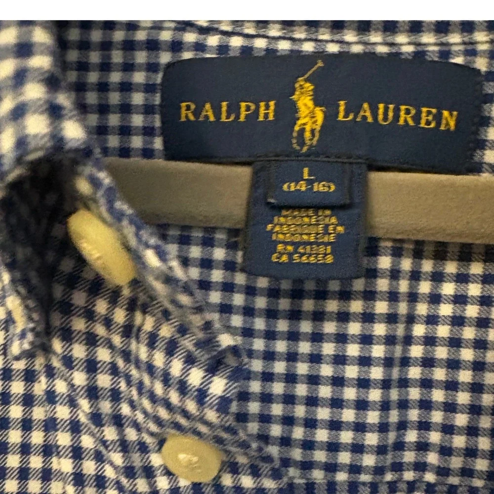 Ralph Lauren Boys Navy Gingham Button Down Shirt Size L 14-16 Cotton Long Sleeve